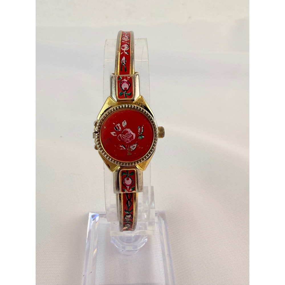 Vintage Geneve Quartz Swiss Made Secret Watch Floral Enamel Bangle Bracelet